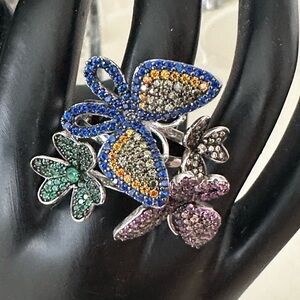 Silver Vibrant Butterfly and Clover Ring with Multicolor Stones
